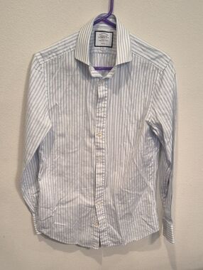 Charles Tyrwhitt White and Light Blue Striped Dress Shirt Slim Fit 15-34 Cotton